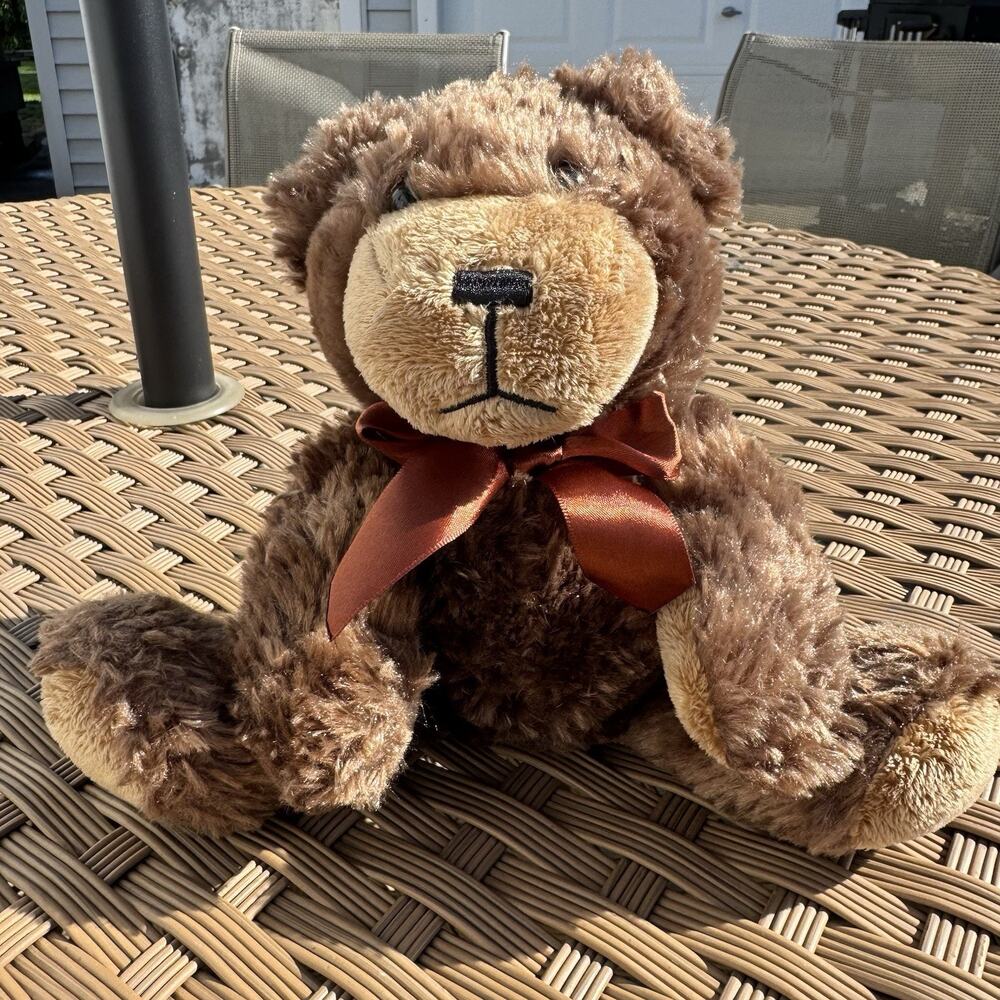 Napco Teddy Bear Plush Stuffed Animal Toy Satin Bow Brown Seated 8" Soft